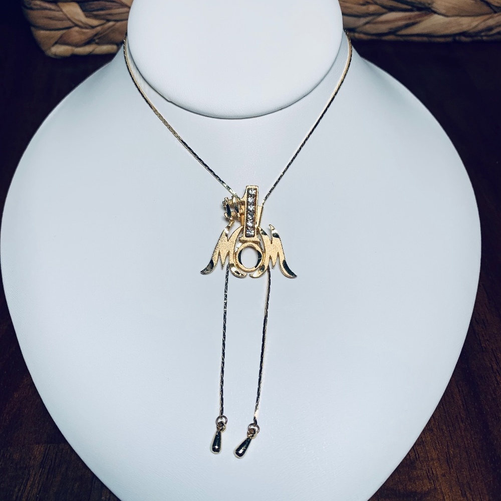 #1 Mom!  Sliding Lariat Brushed Gold and Crystal Pendant Necklace.  32” chain.